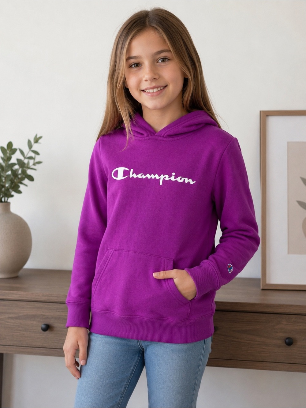 Champion Girls' Purple Pullover Hoodie with White Logo